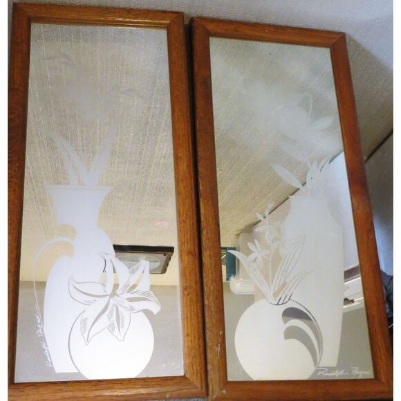 Vintage 80s Floral Mirror 21 x 17.5 - Randolph Buford | Milk  Randolph Buford Vintage Etched Mirrors Tiger Lilies in Vases Wall Art